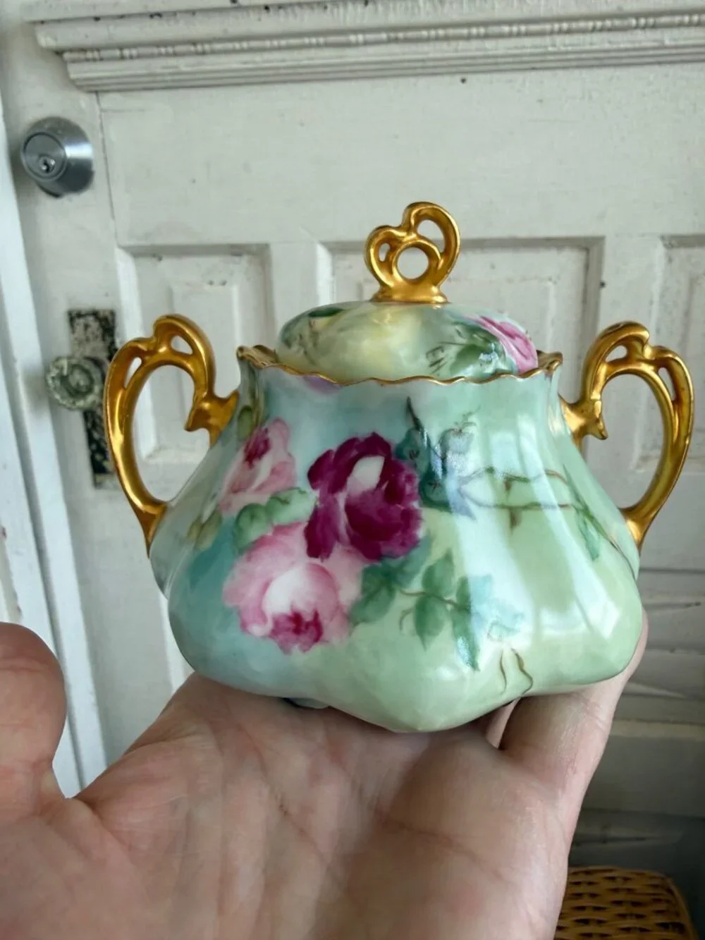 Vintage 40's Hand Painted Floral Porcelain Sugar and Greamer Set Gold Accent